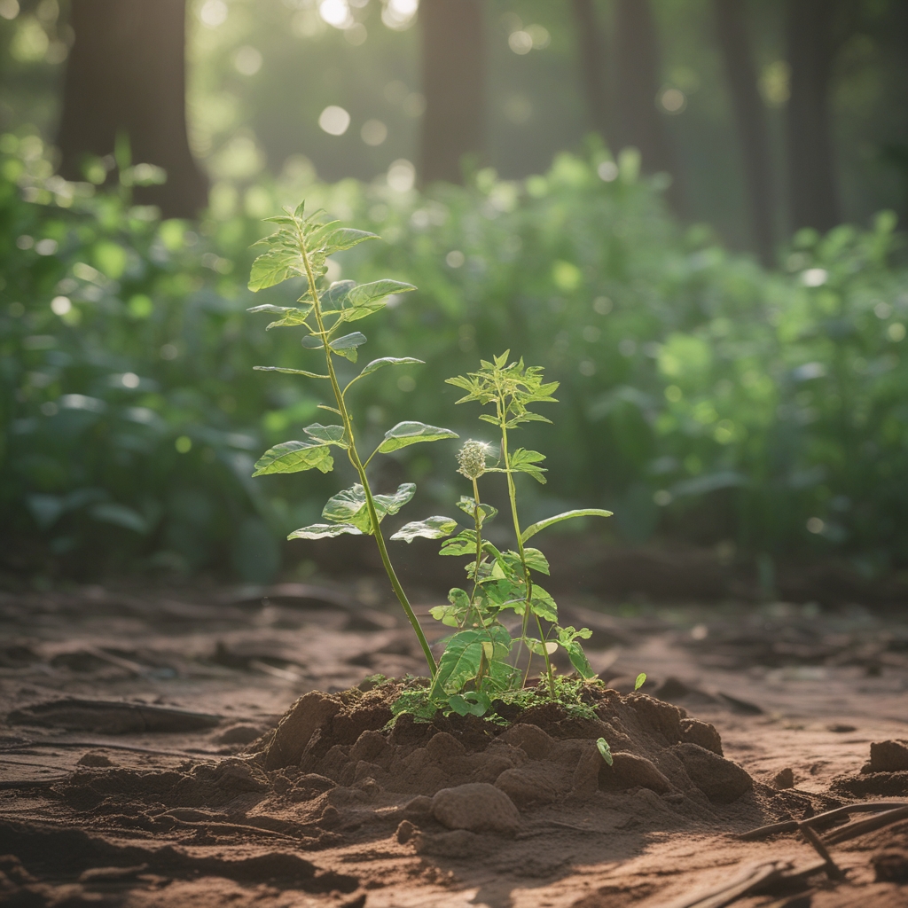 Tanaman ashwagandha dengan daun hijau dan buah merah kecil tumbuh liar di tanah kering berbatu, ditampilkan dalam pencahayaan alami siang hari