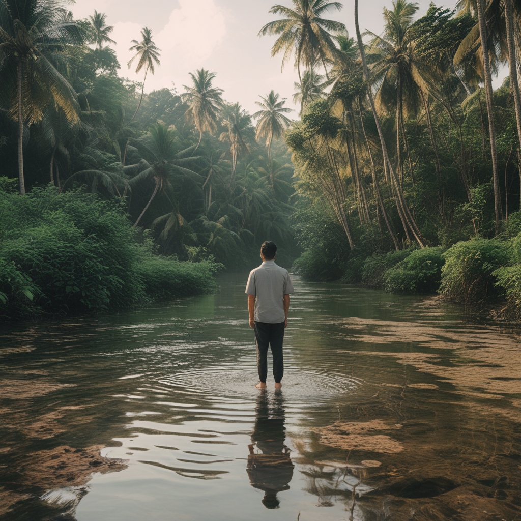 Pemandangan sungai jernih mengalir di antara pepohonan bambu dan rerumputan hijau segar di kawasan pedesaan Indonesia yang tenang dan asri