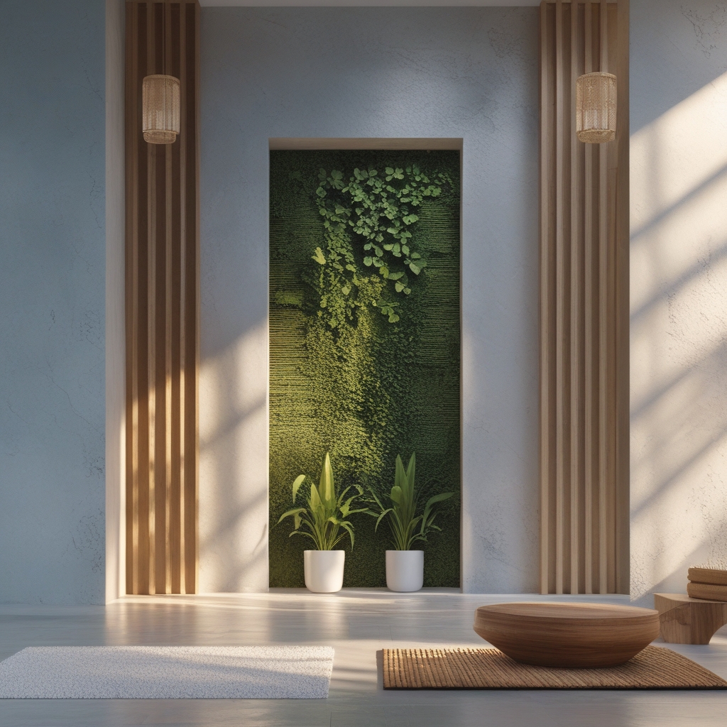 Interior kamar mandi modern yang bersih dengan produk perawatan kulit alami berbahan botani, handuk putih, dan tanaman hijau kecil di atas rak kayu