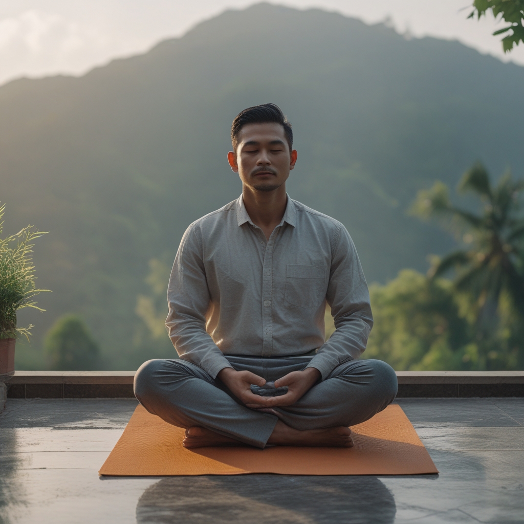 Pria sedang melakukan meditasi di luar ruangan di teras kayu dengan pemandangan alam pegunungan hijau di latar belakang pada pagi hari yang cerah